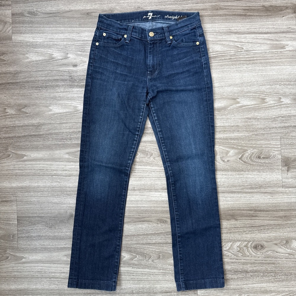 7 For All Mankind Jeans Womens 27 Blue Straight Leg Low Rise Stretch Hemmed READ